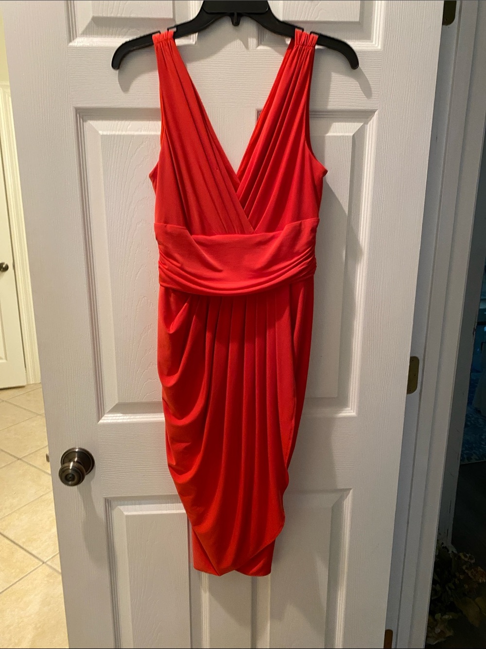 Boston Proper Orange Draped V-Neck Midi Cocktail Dress